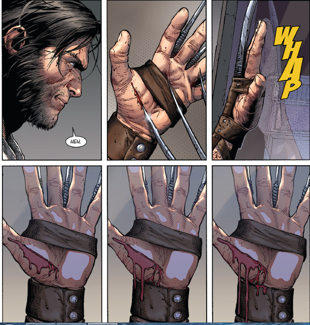 Wolverine mostrándolo a Cornelius que su habilidad curativa ha desaparecido.